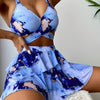 Swimwear Summer Beach Marble Print Bikini Set Layered Beach Skirt Three Piece Swimsuit