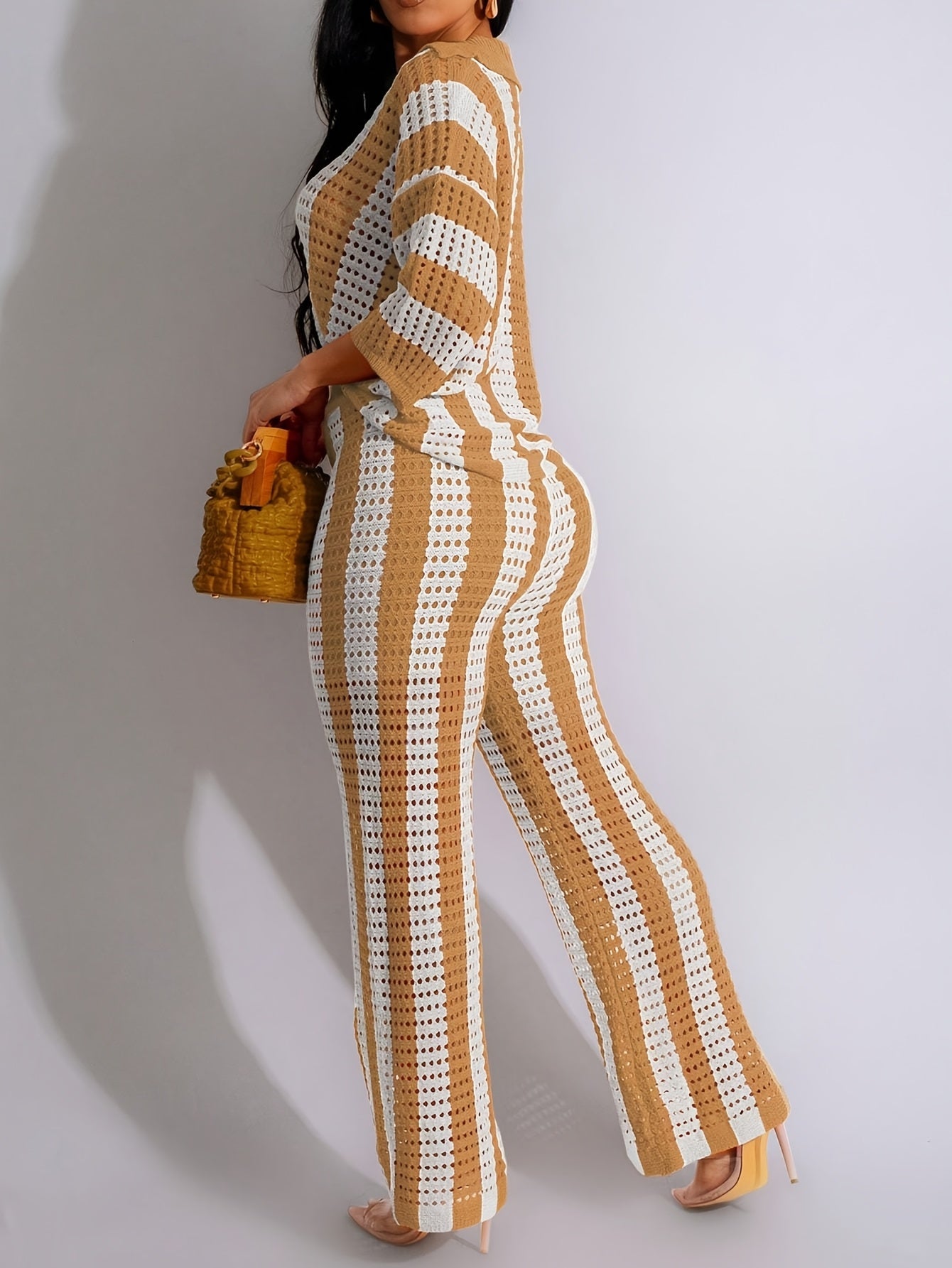 Chic Color Block Knit Top & Pants Set - V-Neck, Hollow-Out Detail, Acrylic, Striped Pattern, Single-Breasted, Vacation Ready, Casual Chic Outfit|Vneck Top|Acrylic Fabric