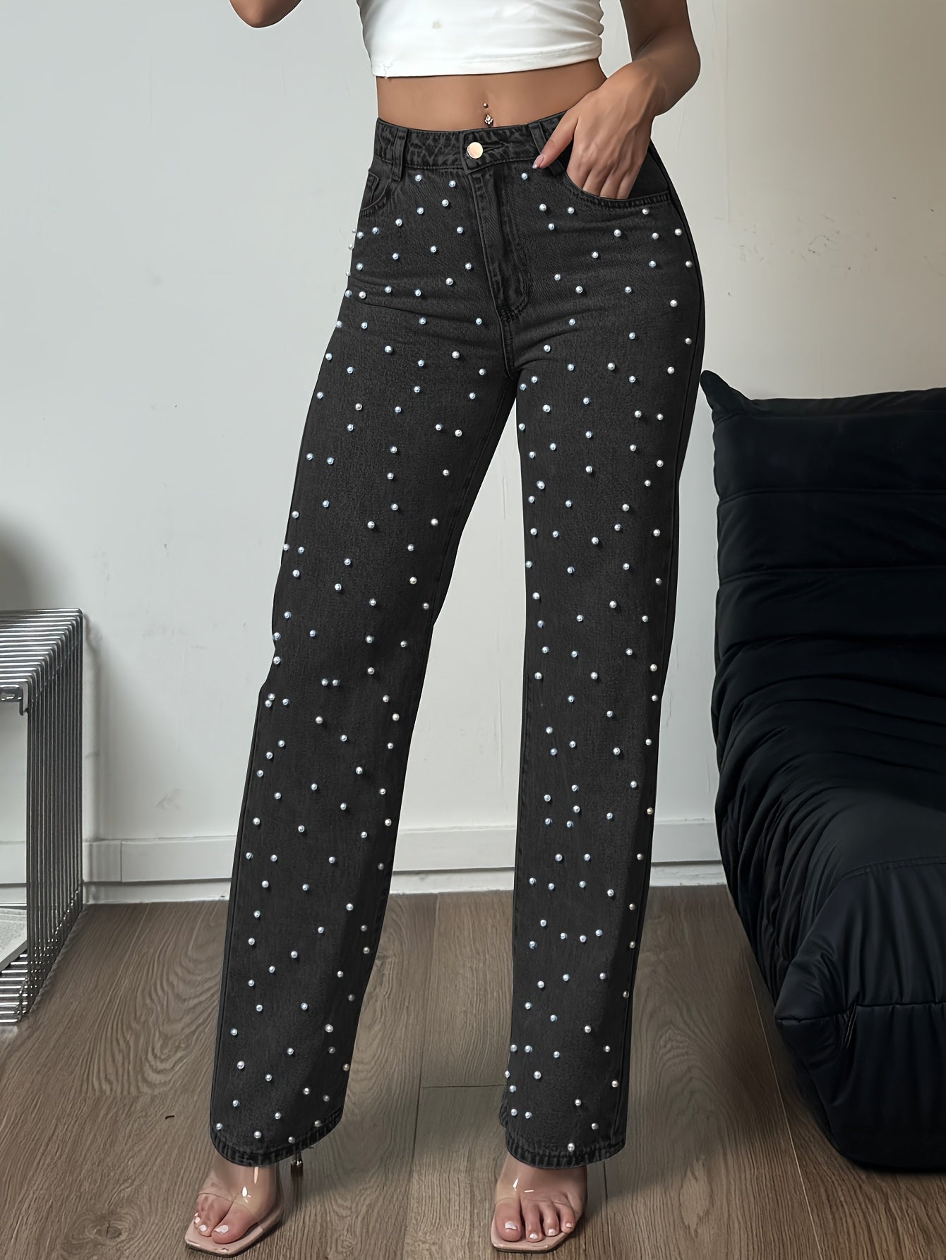 Women's Casual Straight Leg Denim Pants with Pearl Accents - Loose Fit, High-Waisted, Machine Washable, Pockets & Zipper Closure for Year-Round Wear, Party & Everyday Outfits, Straight Leg Jeans