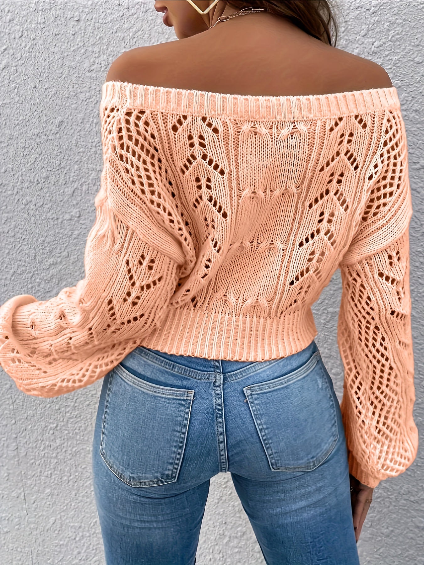 [Off-shoulder Pointelle Knit Sweater] Pointelle Knit Off-shoulder Crop Sweater, Casual Long Sleeve Sweater For Spring & Fall, Women's Clothing