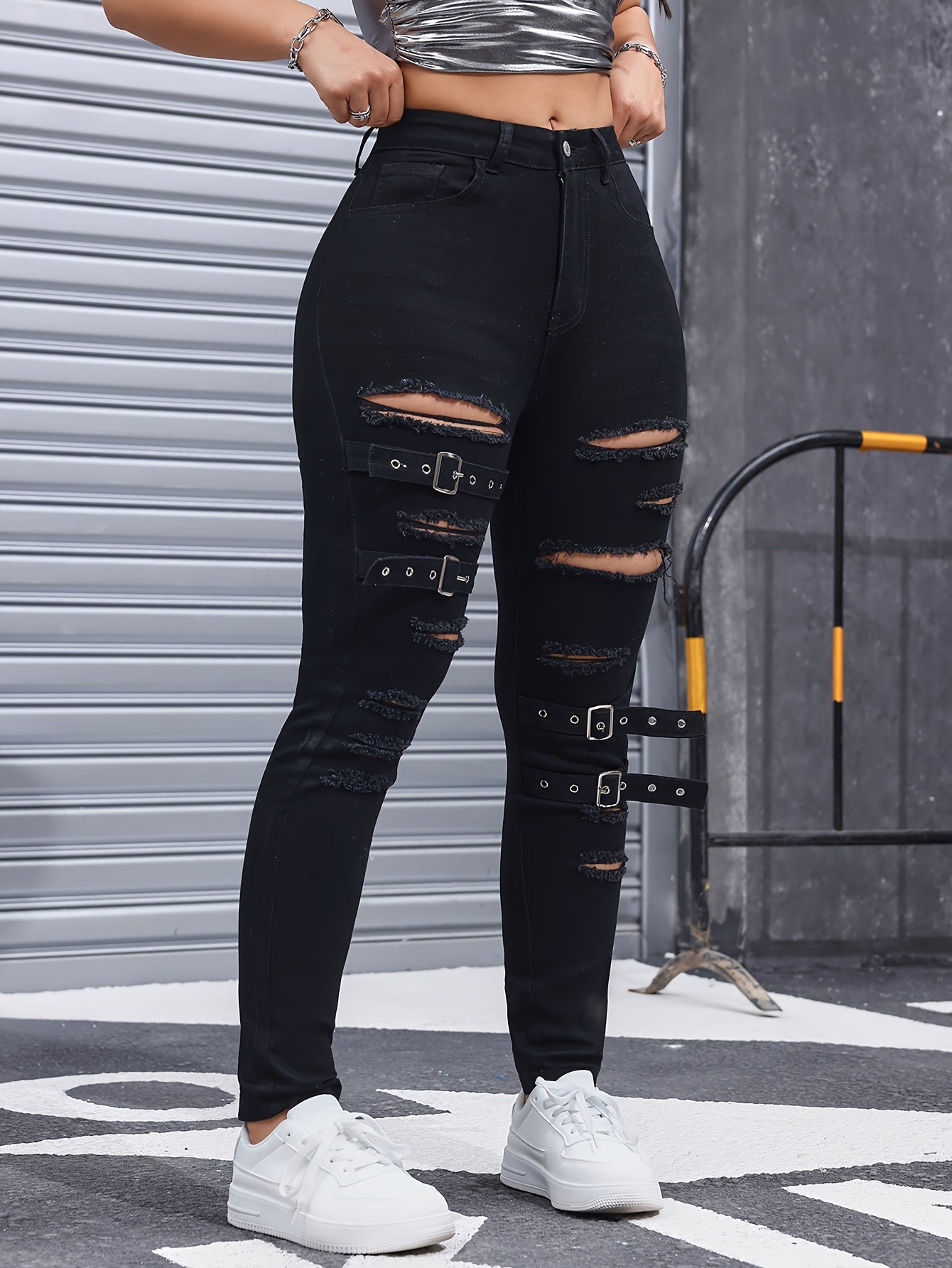 High-Waisted Distressed Denim Jeans For Women, Stretch Fabric Blend, Four-Season Fit, Fashionable And Trendy