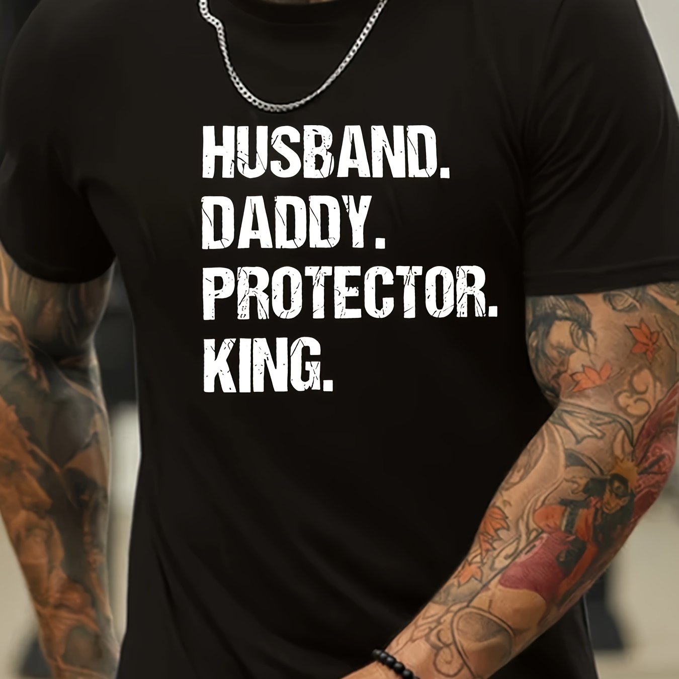 Husband Daddy Protector Graphic T-shirt Men'S Fashion Trend Cotton Round Neck Casual Letter Printed T-shirt