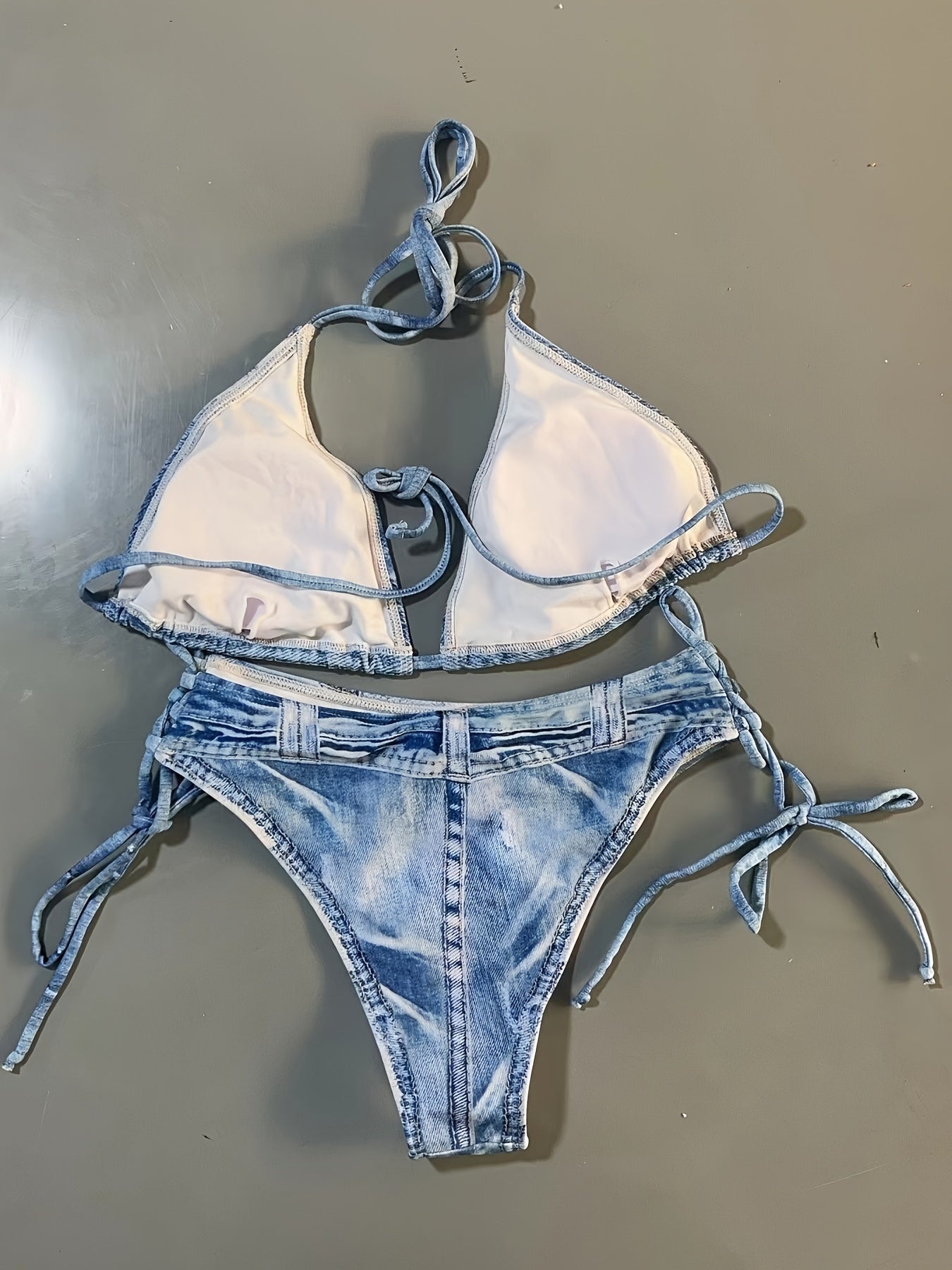 2 Piece Faux Denim Print Triangle Bikini Set - Tie Strap Halter Backless Design, Adjustable Straps, Ruffled Trim, Women's Swimwear & Clothing for Summer Beach Vacation