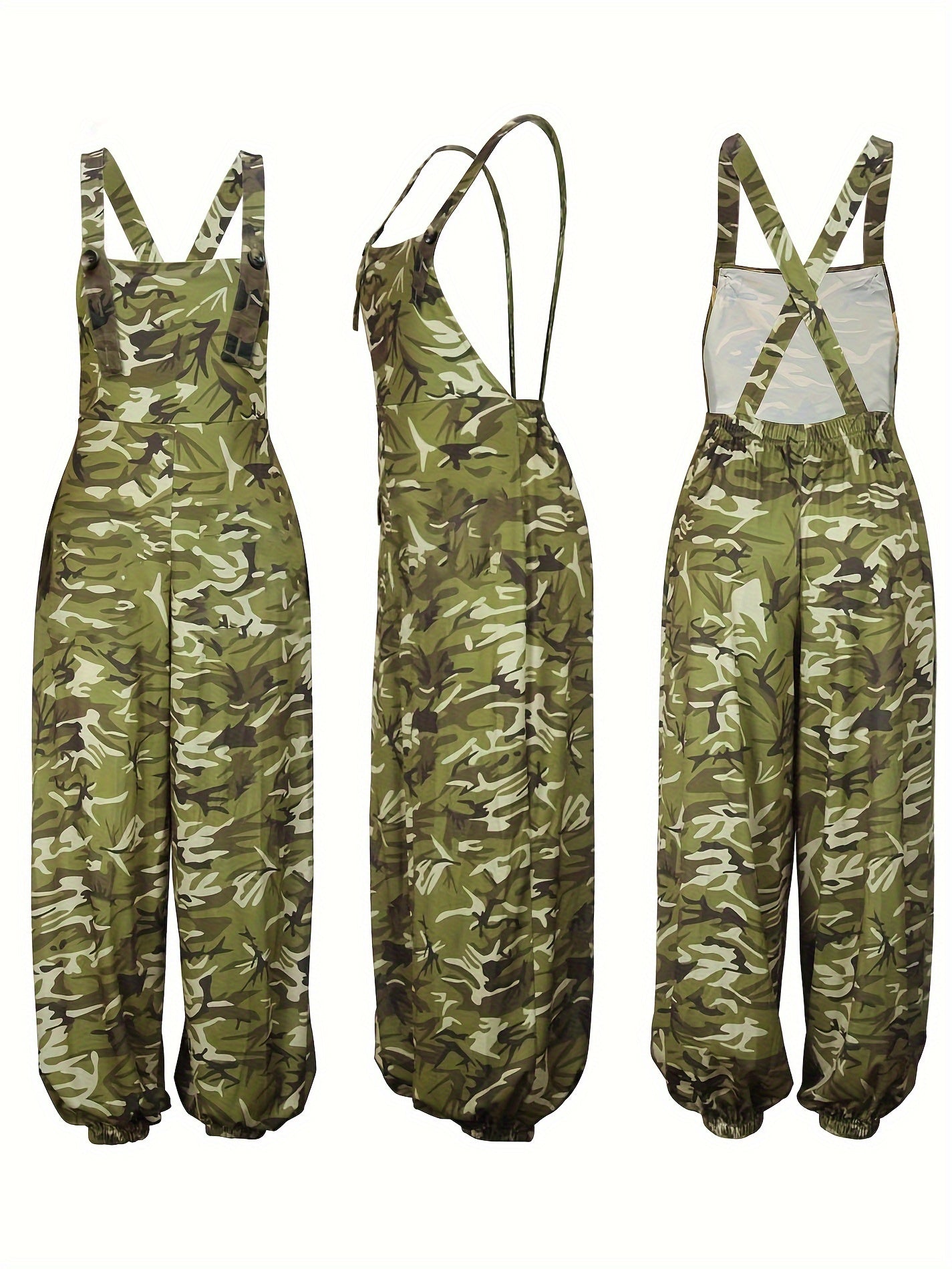 Women'S Camo Print Jumpsuit, Adjustable Straps, Casual Polyester 95% Elastane 5% Blend, Long Length, Button Detail, Woven Fabric, All Seasons, Strappy Back Design