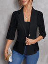 Solid Color Button Front Blazer, Elegant Lapel Neck Three Quarters Sleeve Lace Splicing Blazer - Polyester Blend - For Spring & Fall - Women's Clothing - Perfect for Work & Casual Occasions - Ideal Gift for Fashionable Women