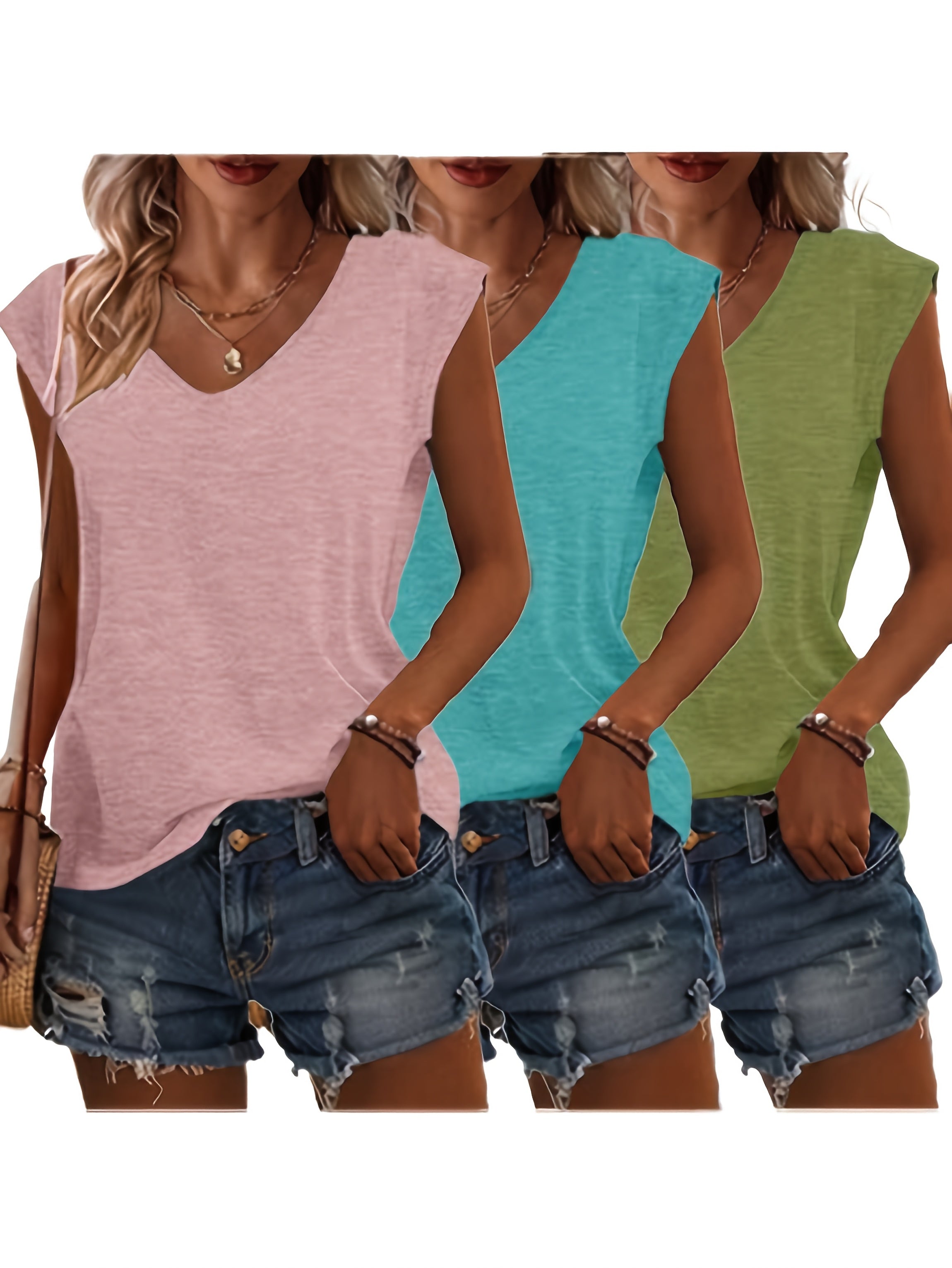 [Versatile | Cute] 3pcs Women's Lightweight Casual V-Neck Short Sleeve T-Shirts | Polyester Blend, Solid Colors | Perfect for Spring & Summer Outfits