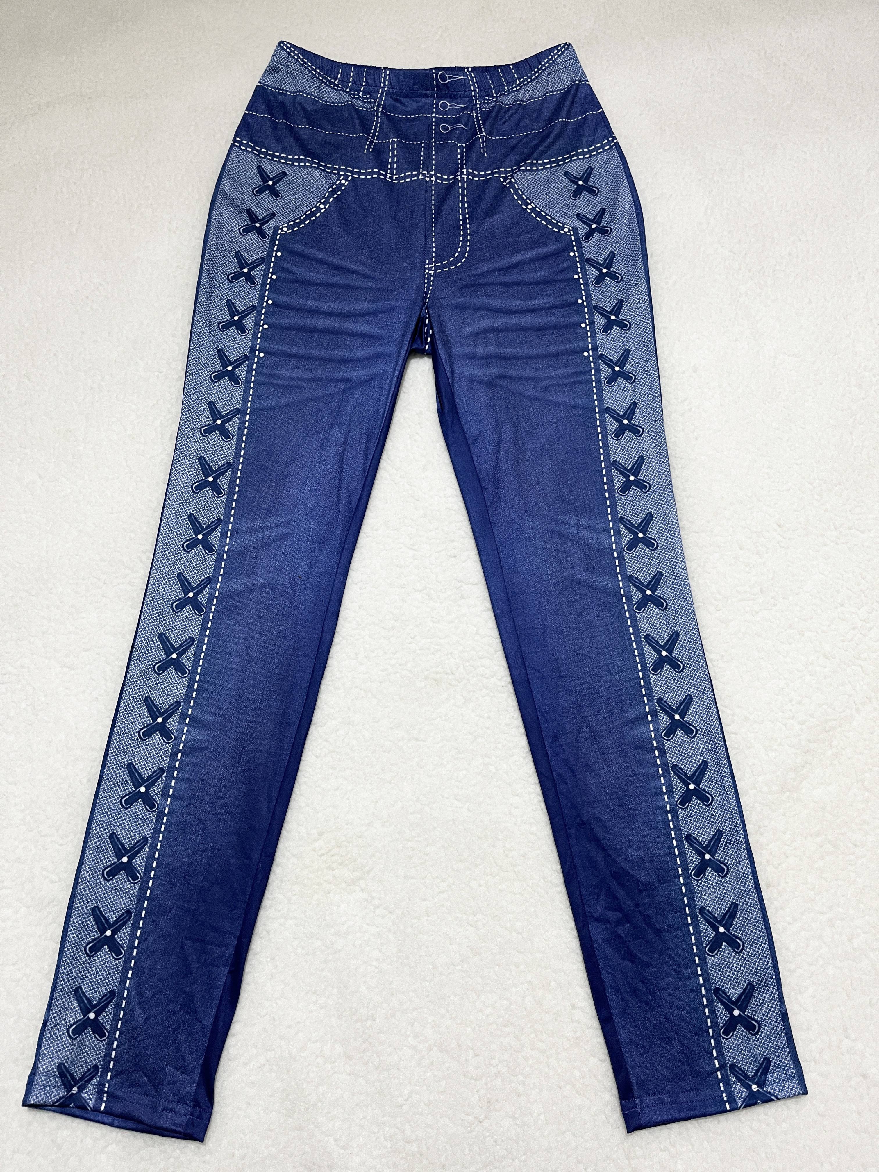 Women's High-Waist Stretch Denim-Look Leggings with Star Pattern and Faux Button Accents - Comfortable Polyester Blend, Machine Washable, Ideal for Casual Wear, High Waisted Leggings