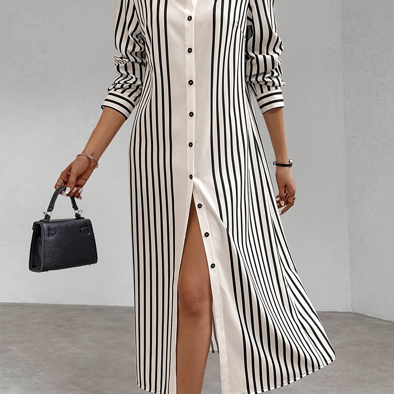 Elegant Striped Long Sleeve Shirt Dress with Lapel Collar and Button Details - Chic Spring/Autumn Women'S Shirting, Long Sleeve Dress