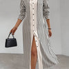 Elegant Striped Long Sleeve Shirt Dress with Lapel Collar and Button Details - Chic Spring/Autumn Women'S Shirting, Long Sleeve Dress