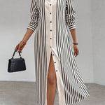 Elegant Striped Long Sleeve Shirt Dress with Lapel Collar and Button Details - Chic Spring/Autumn Women'S Shirting, Long Sleeve Dress