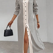 Elegant Striped Long Sleeve Shirt Dress with Lapel Collar and Button Details - Chic Spring/Autumn Women'S Shirting, Long Sleeve Dress