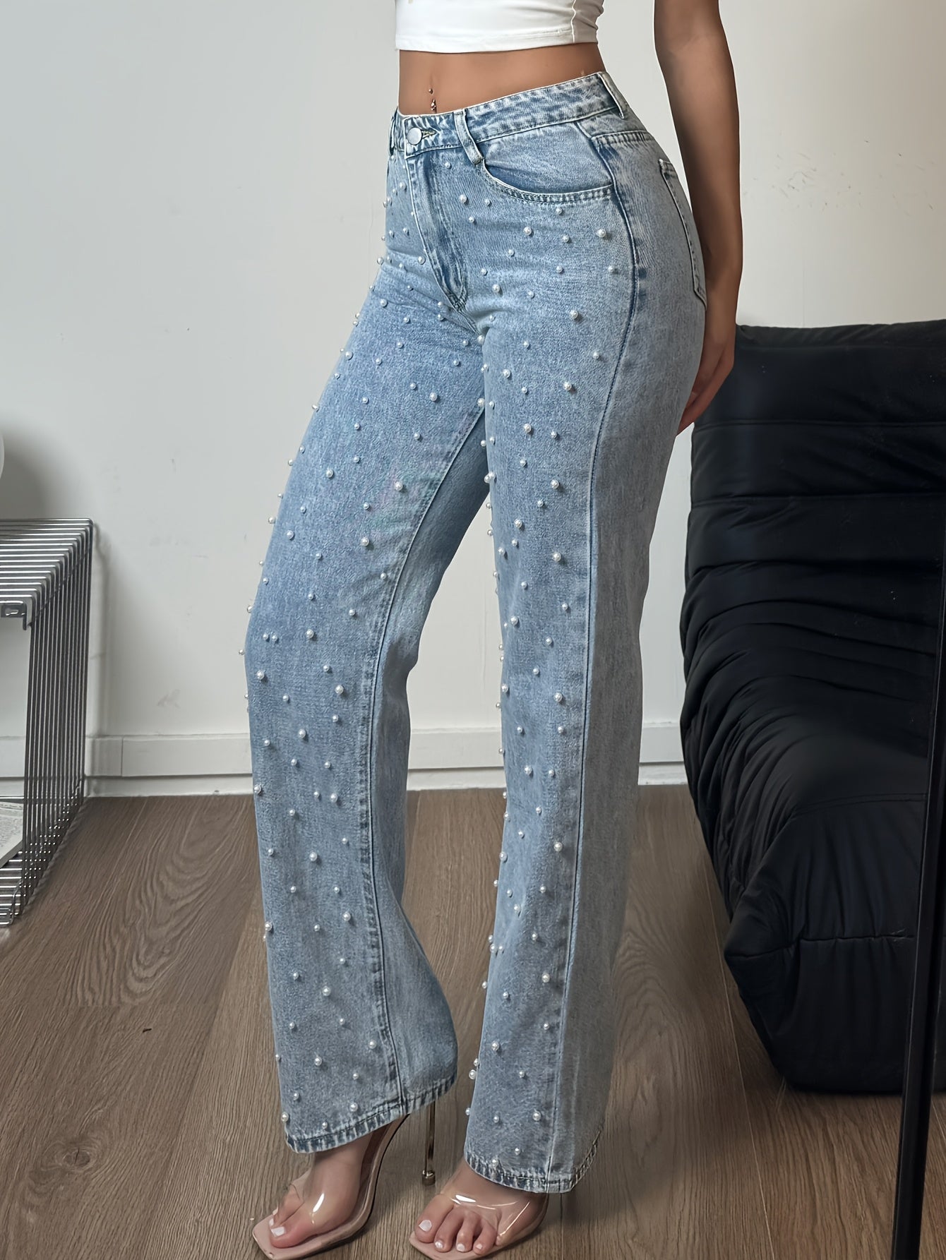 Women's Casual Straight Leg Denim Pants with Pearl Accents - Loose Fit, High-Waisted, Machine Washable, Pockets & Zipper Closure for Year-Round Wear, Party & Everyday Outfits, Straight Leg Jeans