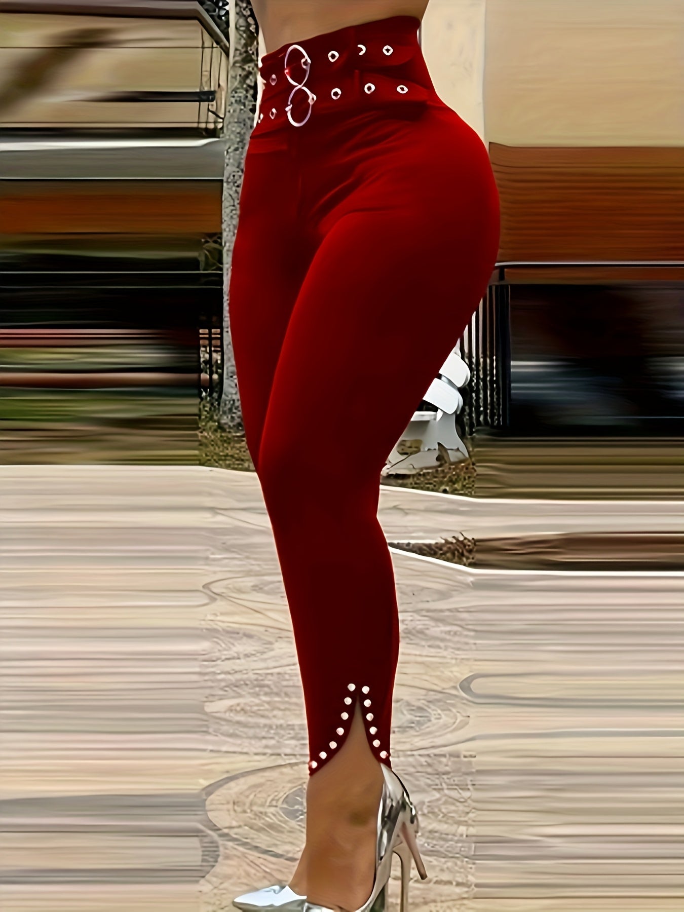 Women's Elegant High-Waisted Slim-Fit Pants with Stylish Eyelet Detailing and Rhinestone Accents, Versatile Red Long Trousers for All Seasons - Polyester, Machine Washable, Ladies Pants
