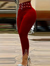 Women's Elegant High-Waisted Slim-Fit Pants with Stylish Eyelet Detailing and Rhinestone Accents, Versatile Red Long Trousers for All Seasons - Polyester, Machine Washable, Ladies Pants