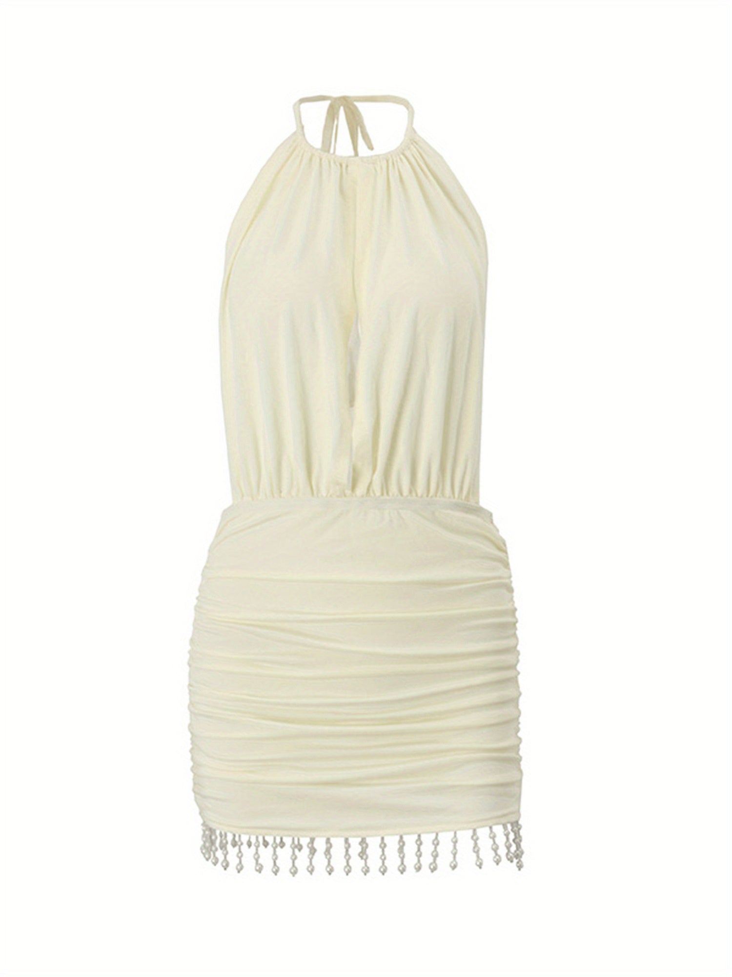 Women Bodycon Dresses Sleeveless Tie-up Halterneck Backless Ruched Dress Tasseled Mini Dress Clubwear