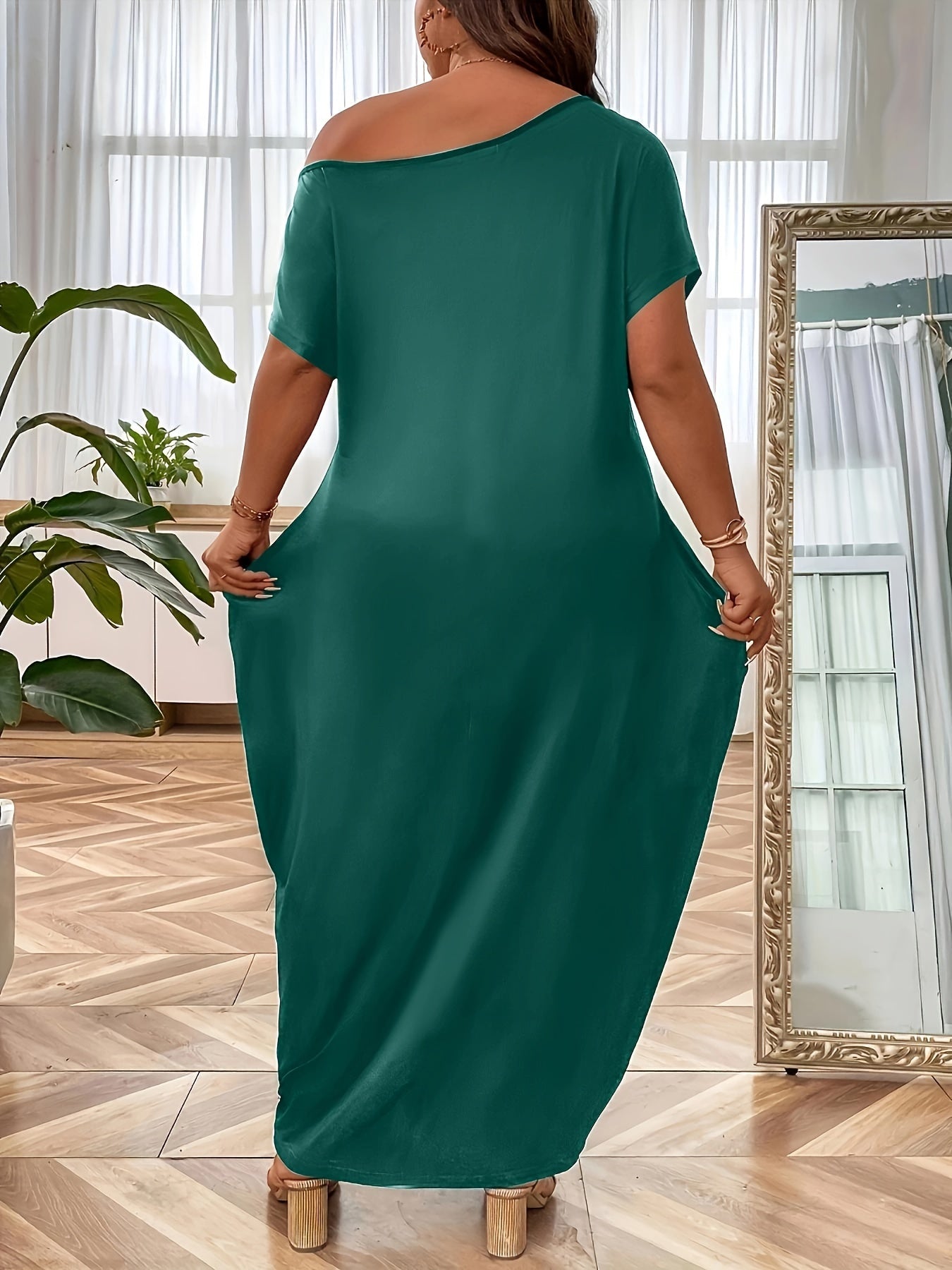 Chic Off-Shoulder Butterfly Print Maxi Dress for Women - Casual & Elegant, 100% Polyester, Machine Washable, Summer-Ready with Short Sleeves & Pockets