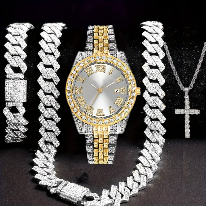 4pcs Men's Hip Hop Bling Set: Golden-Tone Quartz Watch with Rhinestone Bezel, 14mm Cuban Chain Necklace & Bracelet, Cross Pendant - Luxurious Jewelry Gift
