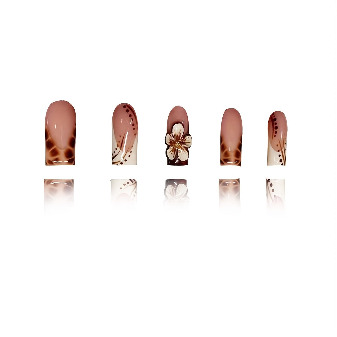 24pcs Press On Nails Set, Full Cover Medium Length, Leopard Print & Colorblock Design, Glossy Finish, with 3D Floral Accents, Includes Nail File and Jelly Glue