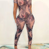 Allover Print Mock Neck Mesh Jumpsuit, Sexy Cutout Back Short Sleeve Skinny Jumpsuit For Summer, Women's Clothing
