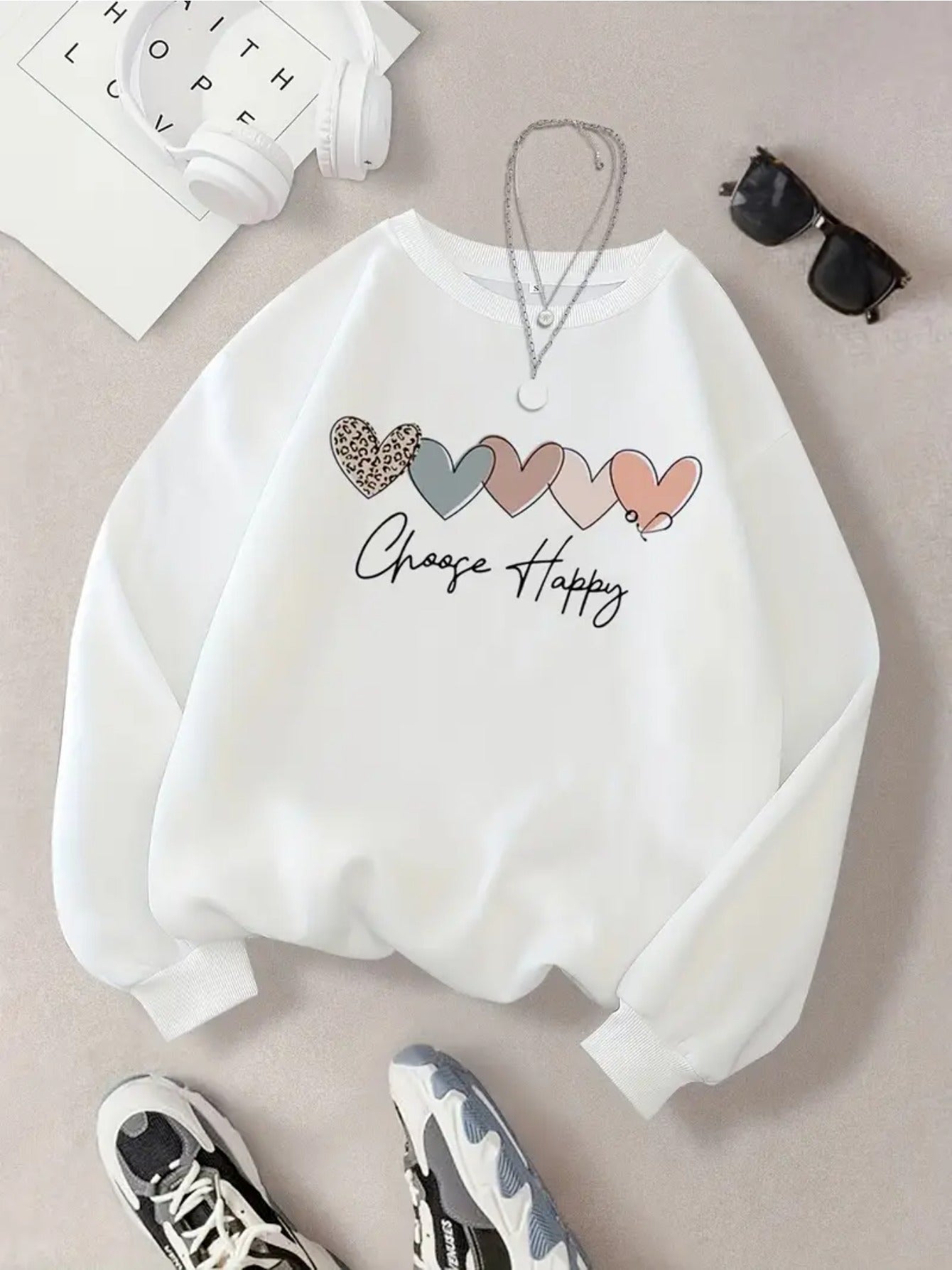 1pc Women'S Casual Crew Neck with Heart Print, Long Sleeve Pullover for Autumn/ Winter Knit White Sweatshirt