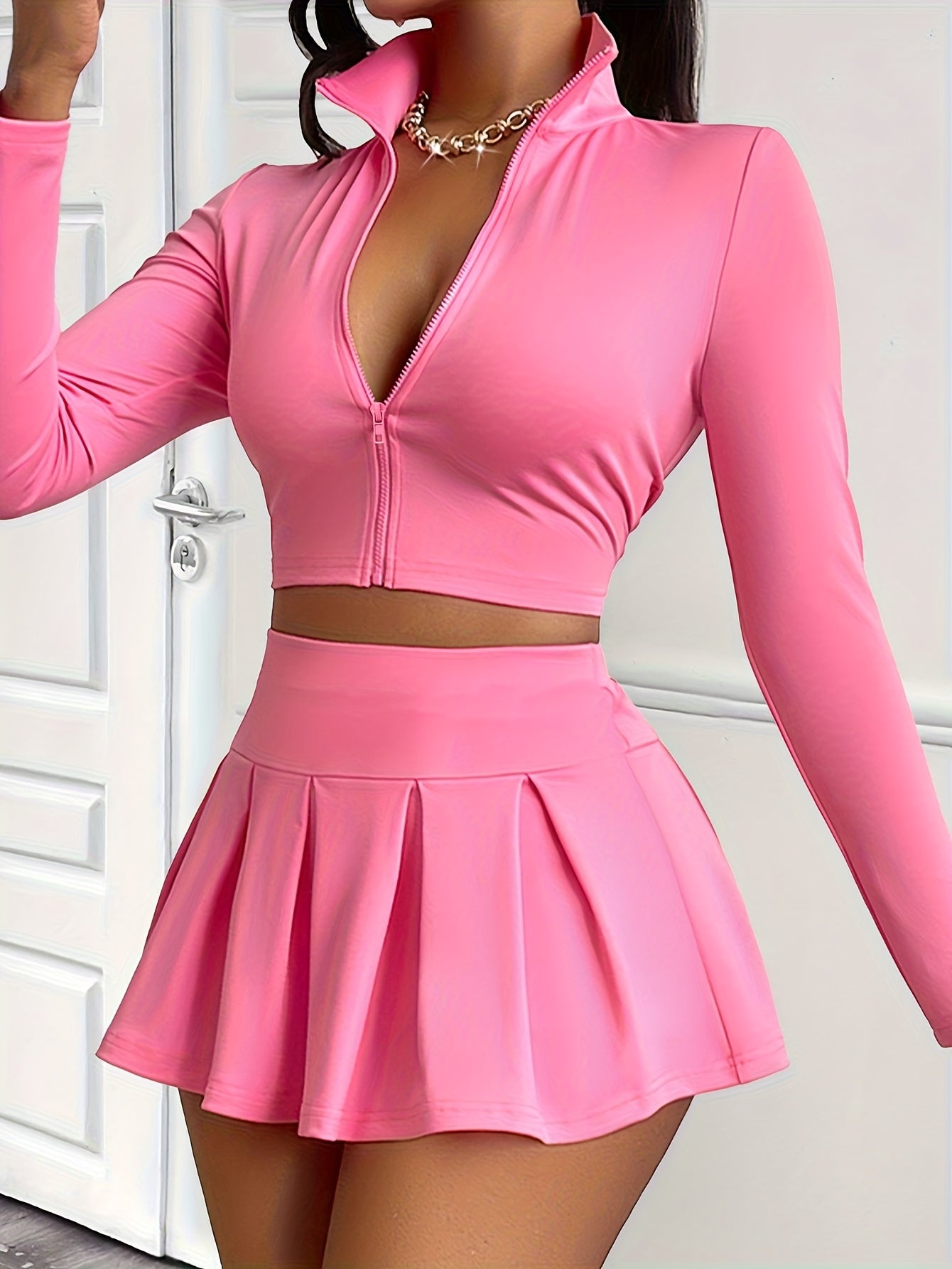 Women'S Pink Two-Piece Zip-Up Jacket and Mini Skirt Set - Sexy, High-Waisted, Short Sleeve Top with Belted Waist and Short Skirt, Casual and Elegant, Polyester Blend, Casual Attire|Zippered Jacket|Polyester Blend