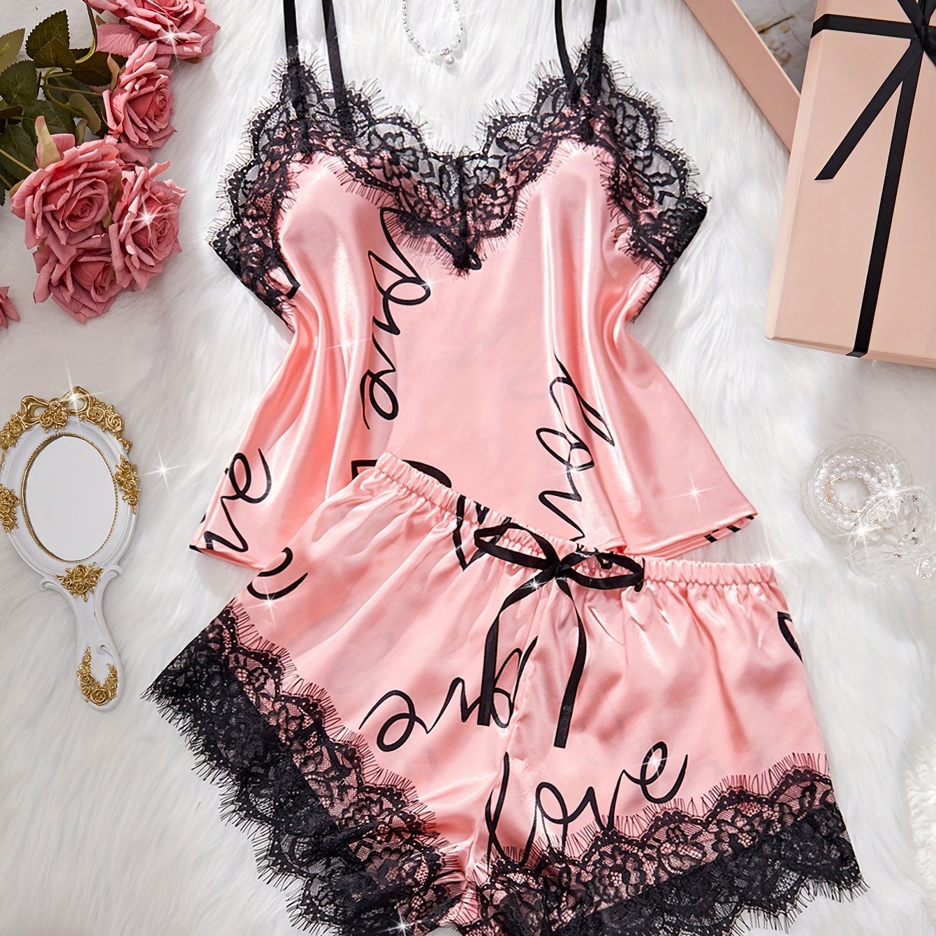 Women's Heart & Letter Print Lace Trim Elegant Satin Pajama Set, V Neck Backless Cami Top & Shorts, Comfortable Relaxed Fit, Summer Nightwear