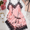 Women's Heart & Letter Print Lace Trim Elegant Satin Pajama Set, V Neck Backless Cami Top & Shorts, Comfortable Relaxed Fit, Summer Nightwear