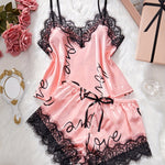 Women's Heart & Letter Print Lace Trim Elegant Satin Pajama Set, V Neck Backless Cami Top & Shorts, Comfortable Relaxed Fit, Summer Nightwear