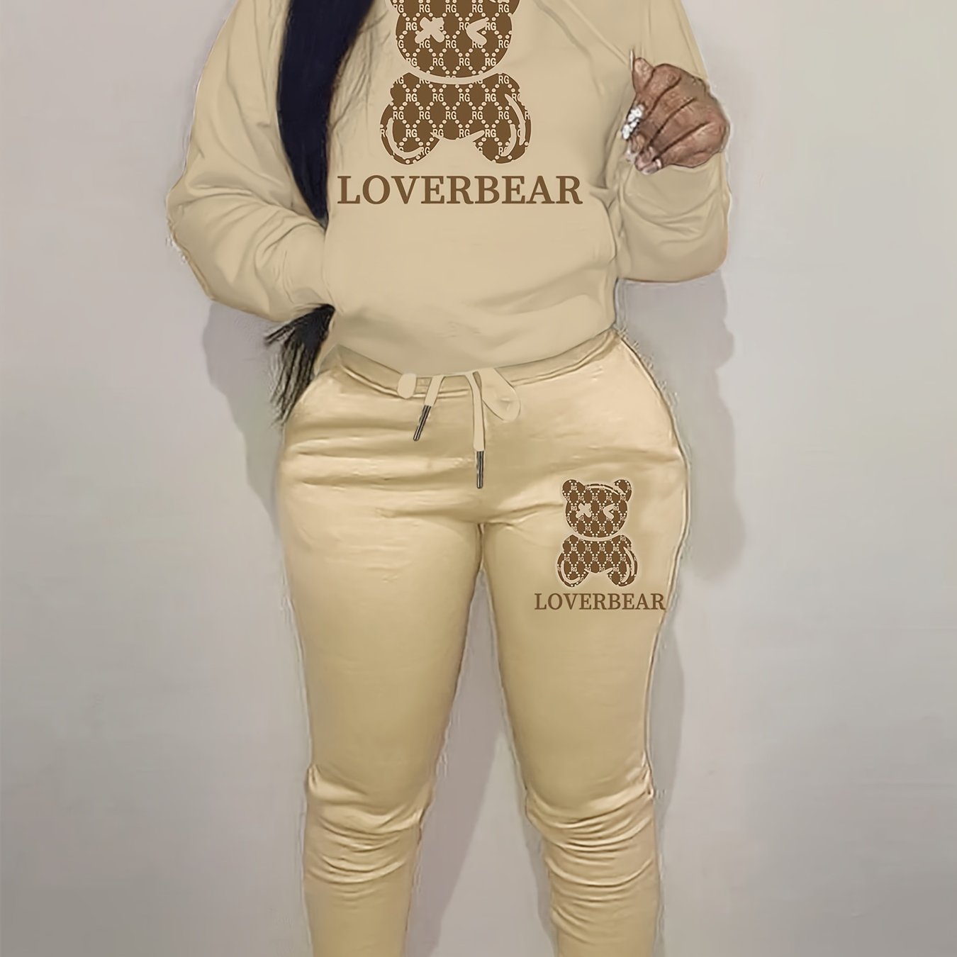 Cartoon Bear Print Two-piece Set, Drawstring Long Sleeve Hoodies & Workout Jogger Pants Outfits, Women's Clothing