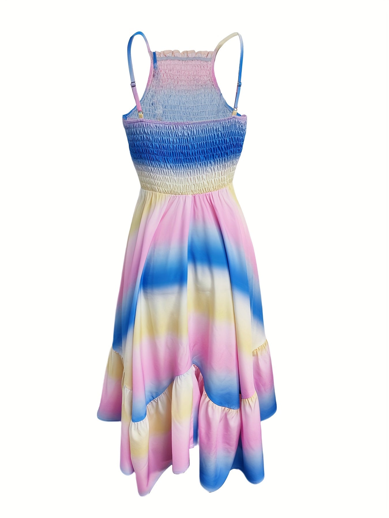 Elegant Gradient Color Women's Dress - Sleeveless Halter Neck with Ruffled Hem, Lightweight Polyester for Spring/Summer, Pastel Pink to Blue Ombre Design, Formal Summer Dress | Flared Skirt | Polyester Fabric