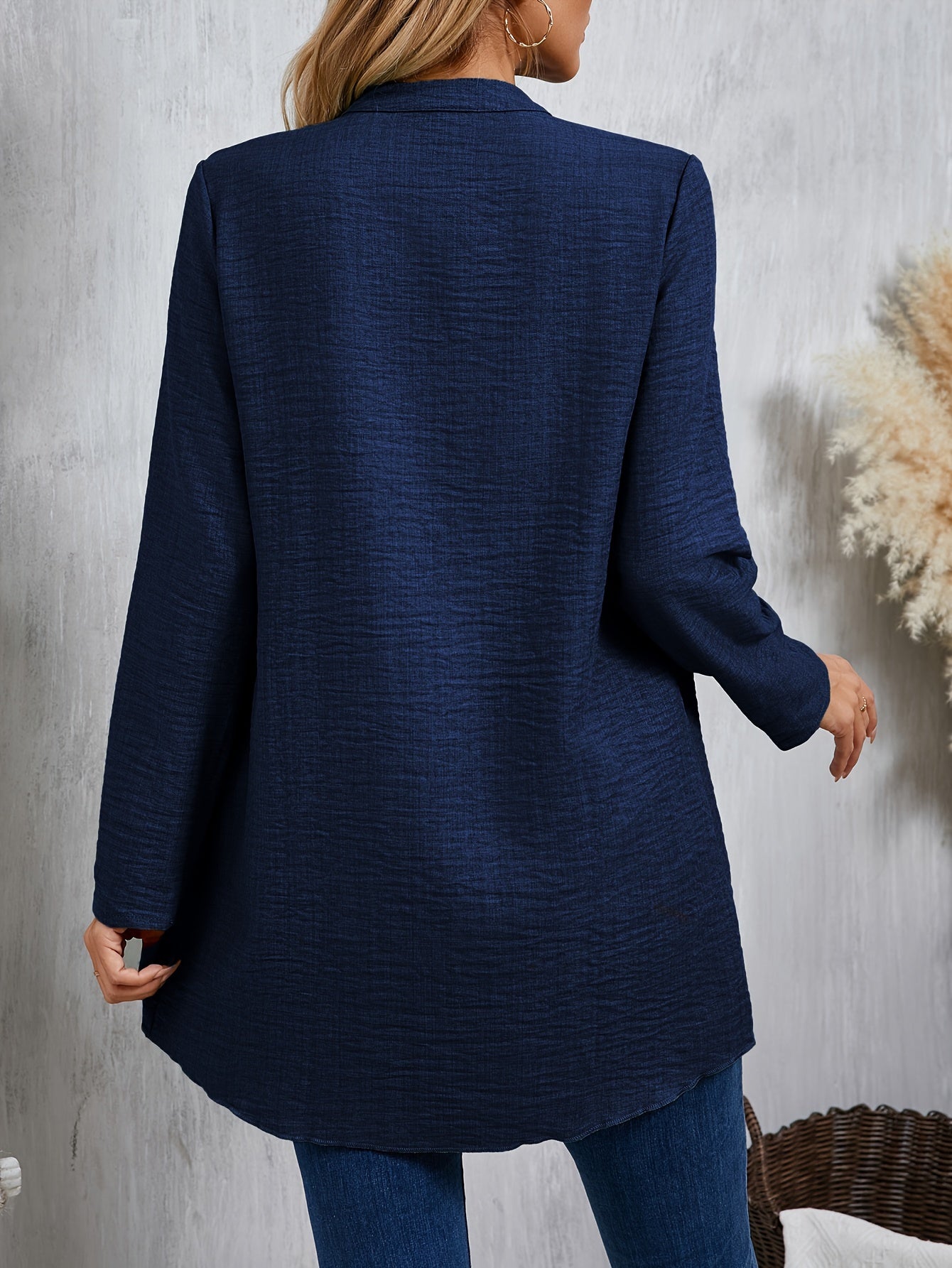 Solid Color Single Breasted Splicing Blouse, Elegant Long Sleeve Layered Blouse For Spring & Fall, Women's Clothing