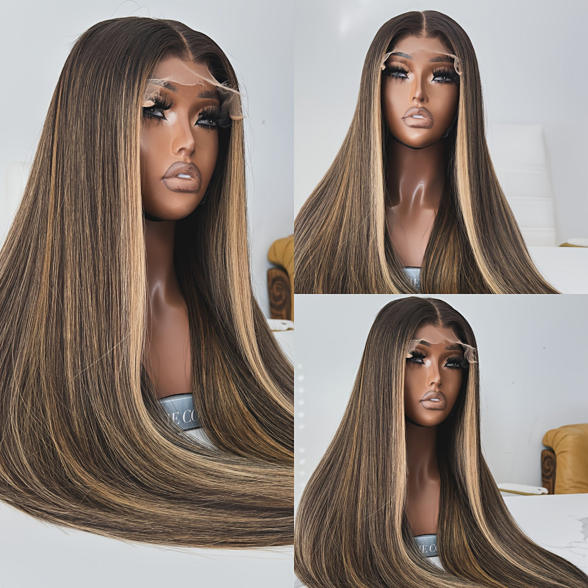 13X4 Highlight Lace Front Wigs 200% Density Balayage Long Straight Wigs Pre Plucked Glueless Brown Lace Front Wigs For Fashion Women Girls Party Vacation Daily Used Valentine'S Day 28inch