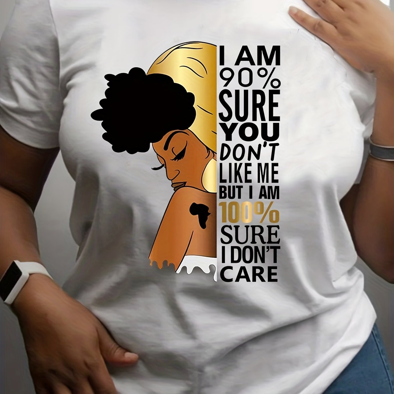 Women's Purple "I Don't Care" Empowerment Print T-Shirt - 100% Positive Affirmation Short Sleeve Top with Golden Accents, Round Neck Casual Summer Shirt, Machine Washable & Semi-Sheer for Layering, Everyday Fashion, Fashion S