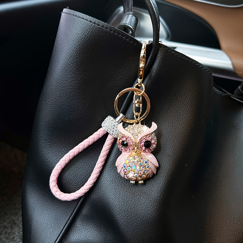 Rhinestone Owl Keychain - Cute Alloy Charm with Braided Rope, Sparkling Cartoon Owl Design, Perfect for Car Keys & Bags, Ideal Birthday Gift, Novelty Keychai