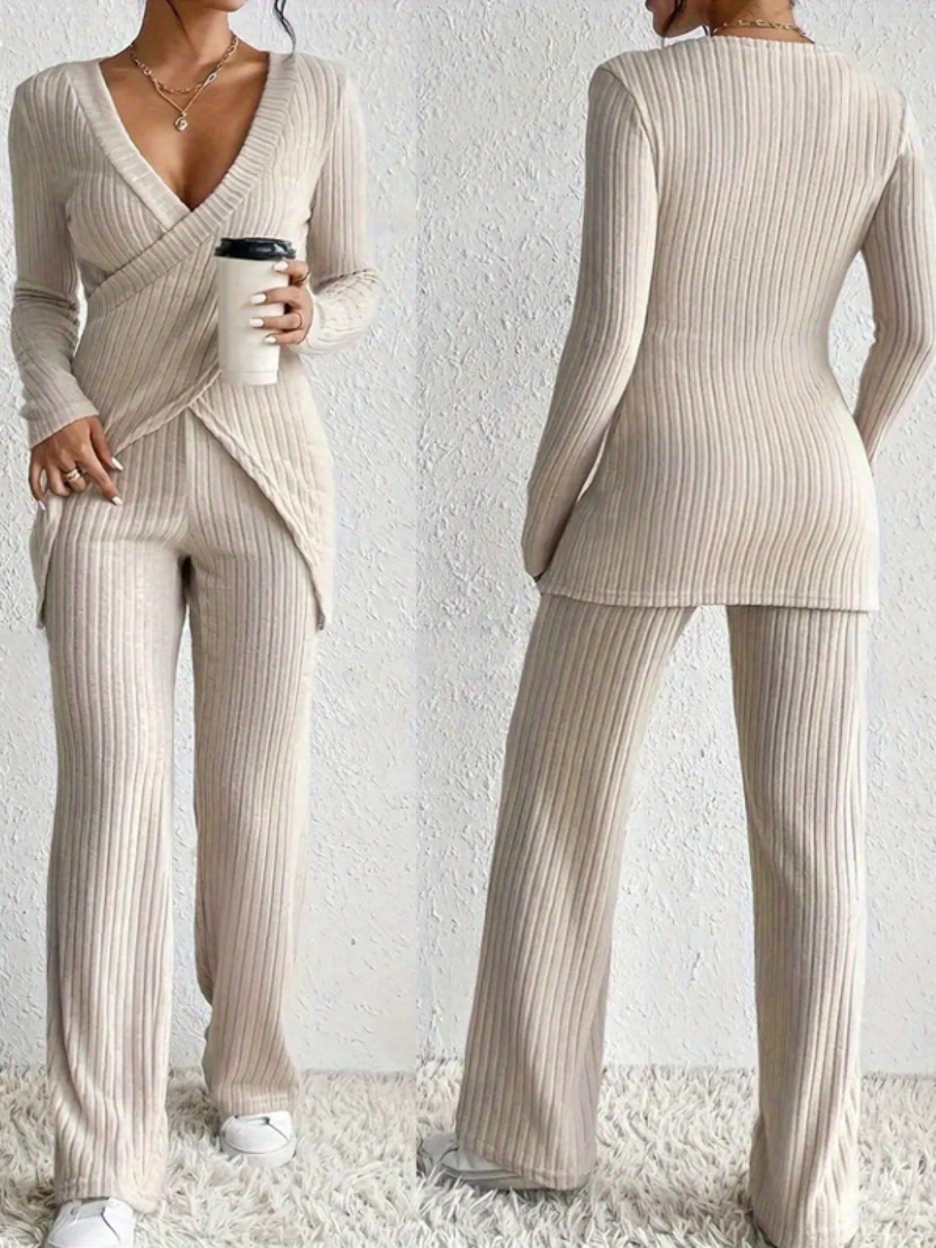 2025 Hit A Women'S Suit with an Irregular Design Exuding a High-End Feel. It'S a Two-Piece Set Featuring a Comfortable Long-Sleeved Top Paired with Wide-Leg Pants.