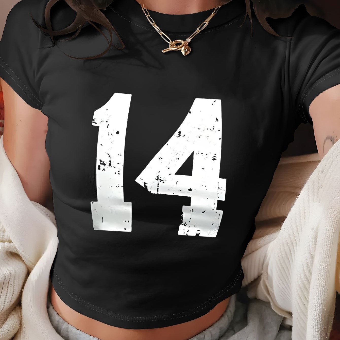 Women's Y2K Geometric Number 14 Print Crop T-Shirt - Soft Casual Top, Light Yellow with White Numerals, Spring Summer Versatile Tee, Distressed Style, Machine Washable Fabric, Comfortable Fit