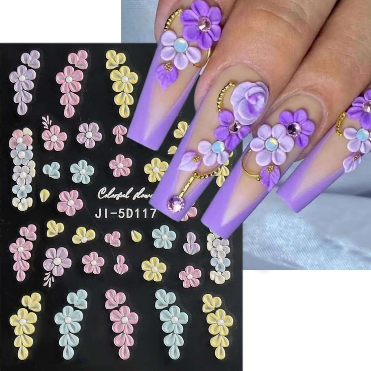 3 Sheets of Vibrant 5D Embossed Floral Nail Art Stickers - Reusable, Self-Adhesive, and Durable with Pink, Purple, and White Chain Butterfly and Spring Flower Designs - Perfect for Nail Decoration, DIY Projects, and Fashionab
