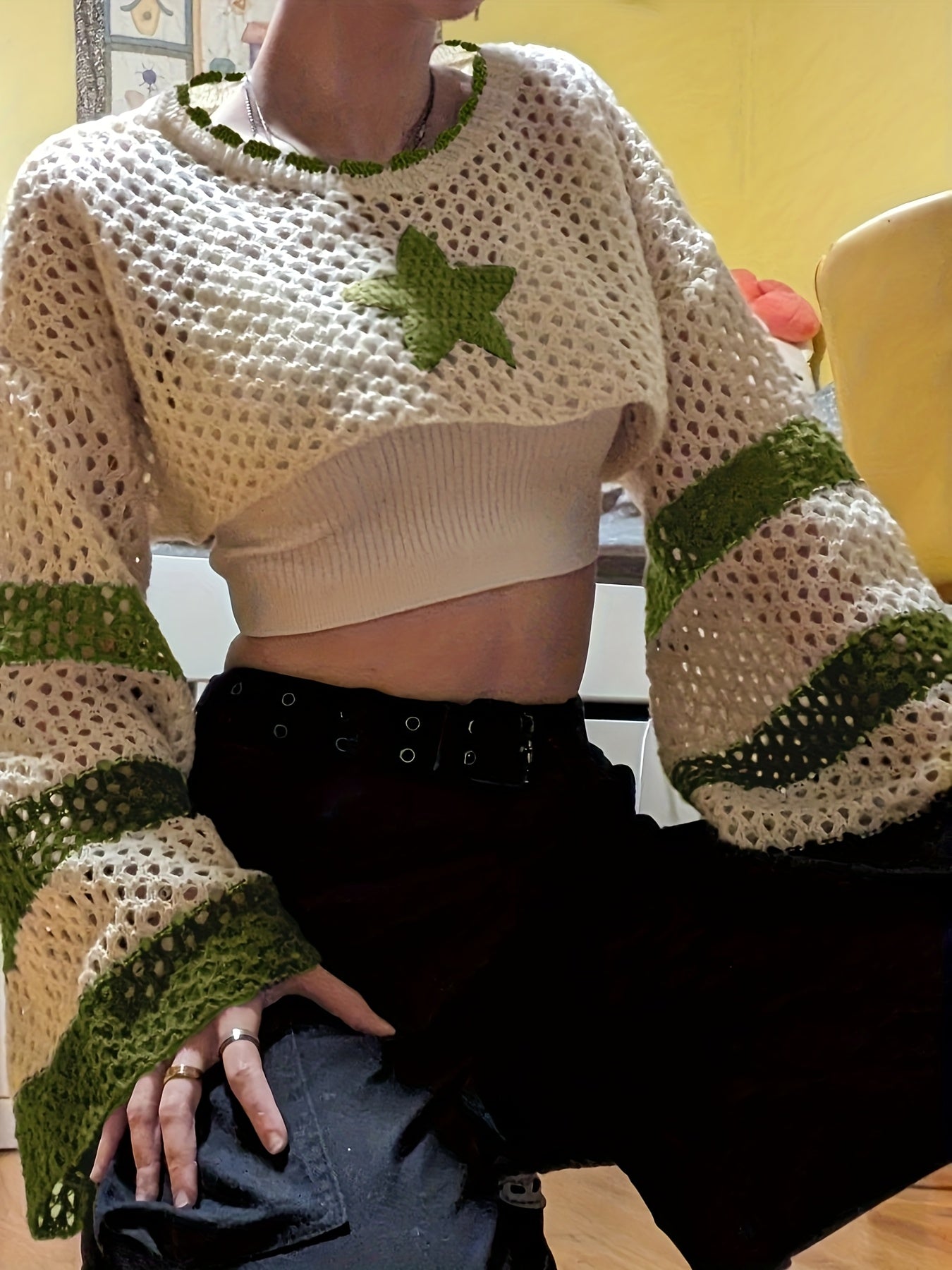 Chic Color Block Striped Crop Sweater - Casual Round Neck, Long Sleeve, Semi-Sheer Knit Top for Women, Polyester, Perfect for All Seasons, Knit Sweater