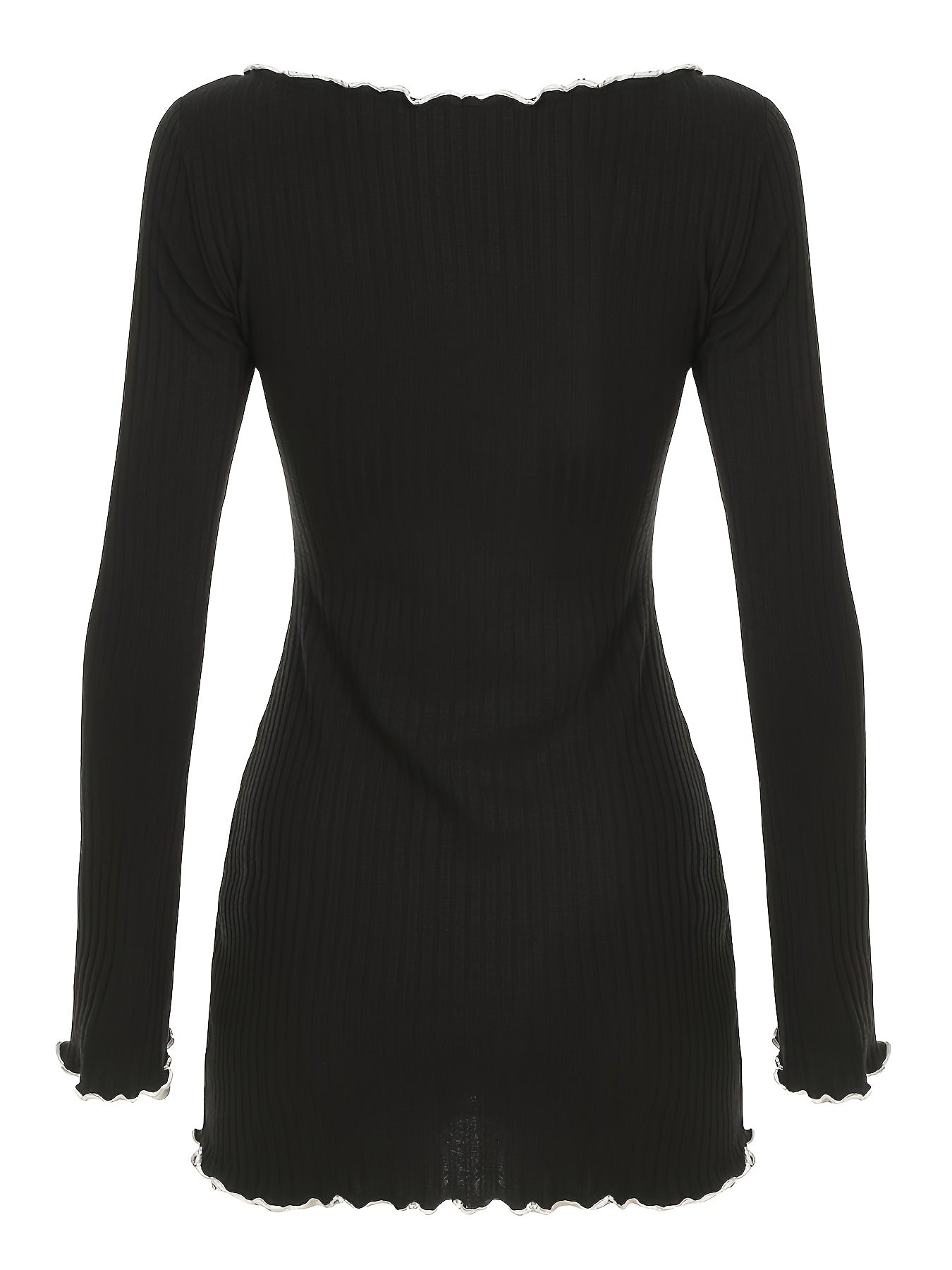 Chic Y2K-Inspired White A-Line Dress with Bow Detail - Square Neck, Long Sleeves, Ribbed Texture, Lettuce Hem - Polyester Blend, Machine Washable - Women's Fashion, Spring Fashion Dress | Square Neckline Dress | Stretchable F