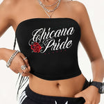 Women'S Casual With Creative Pattern Crop Tube Top - Stretchy Polyester Blend, Machine Washable, Unique 'Chicana Pride' Letter & Rose Graphic Graphic Print, Perfect For Spring & Summer Wear Or Casual Attire