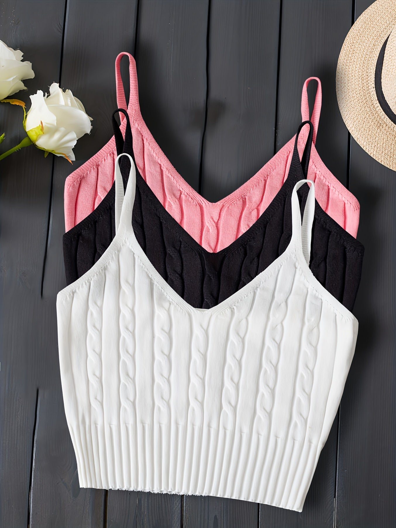 3-Pack Valentines Day Cable Knit Cami Tops - Soft V-Neck, Sleeveless Slim Crop, Adjustable Straps, Versatile Layering Essential - Womens Clothing, Celebrate Love in Style