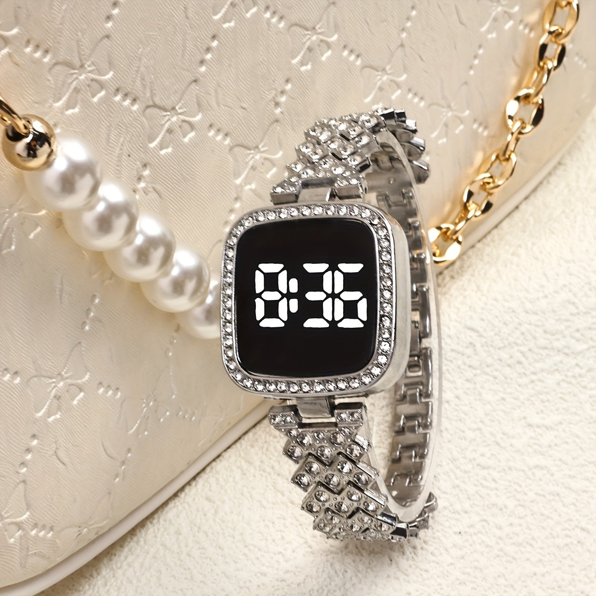 1pc Elegant Square LED Chronograph Watch with Sparkling Rhinestones - Stainless Steel Band, Digital Display, Non-Rechargeable Battery, Perfect for Daily Decor, Everyday Accessory|Elegant Watch Design|Durable Watch Band, Squar