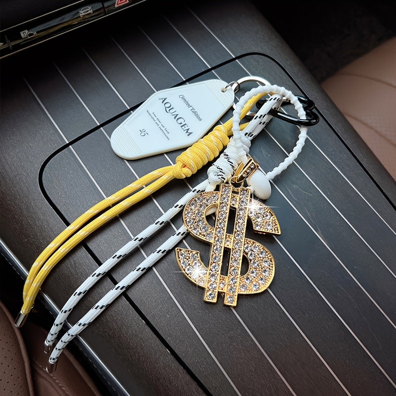Fashion Dollar Sign Keychain, Handmade Braided Rope with Rhinestone Accents, Alloy Car Remote Key Ring, Decorative Bag Charm, Birthday Festival Gift for Women, Novelty Keychains