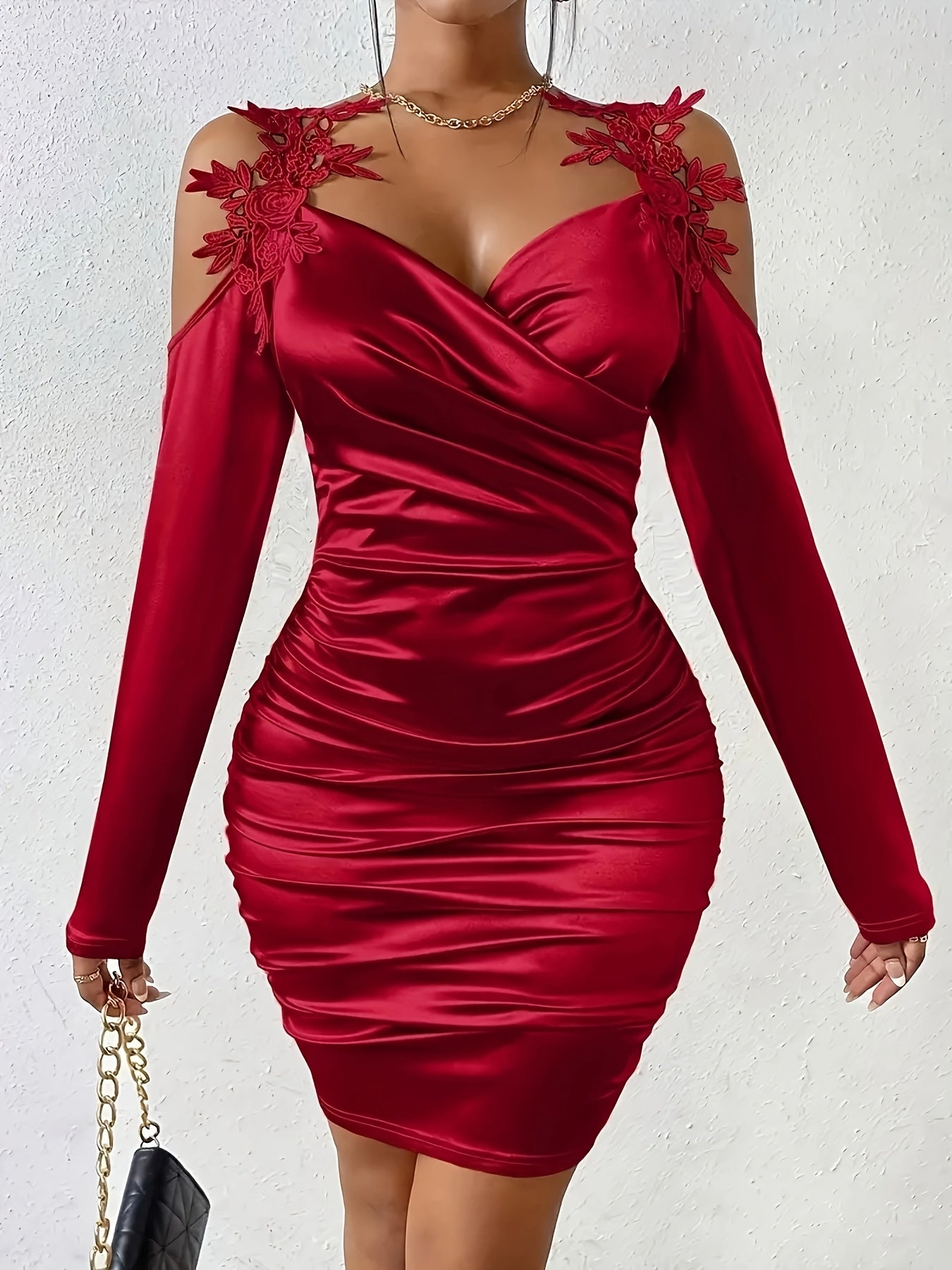 Floral Applique Cold Shoulder Dress, Elegant Long Sleeve Bodycon Dress for Party & Banquet, Women's Clothing