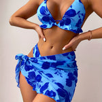 FUBA.VI Floral Print 3pcs Swimsuit Set - Blue & Purple Floral Design, High Stretch Polyester, Knit Fabric, Frill Details, Perfect for Beach, Pool, and Nightclub, Beach Swimsuit|Floral Swimsuit|Stretchy Fabric