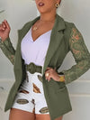 Women's Lace Stitching Long Sleeve Suit Jacket Belt Print Shorts Pants Set
