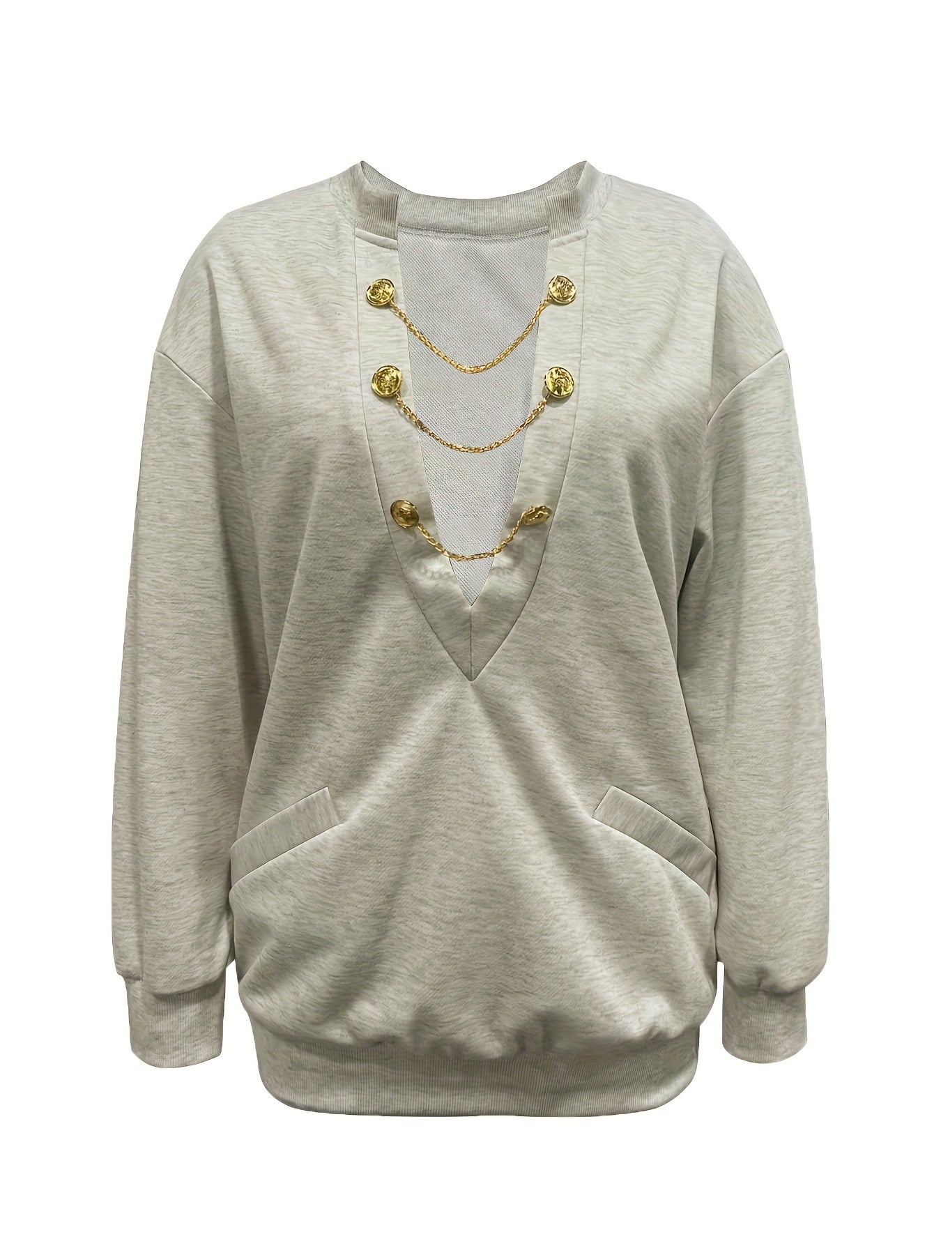 Women'S Sexy V-Neck Sweatshirt, Polyester Knit Fabric, Solid Color, Regular Length, with Metal Chain Detail, for Spring/Fall