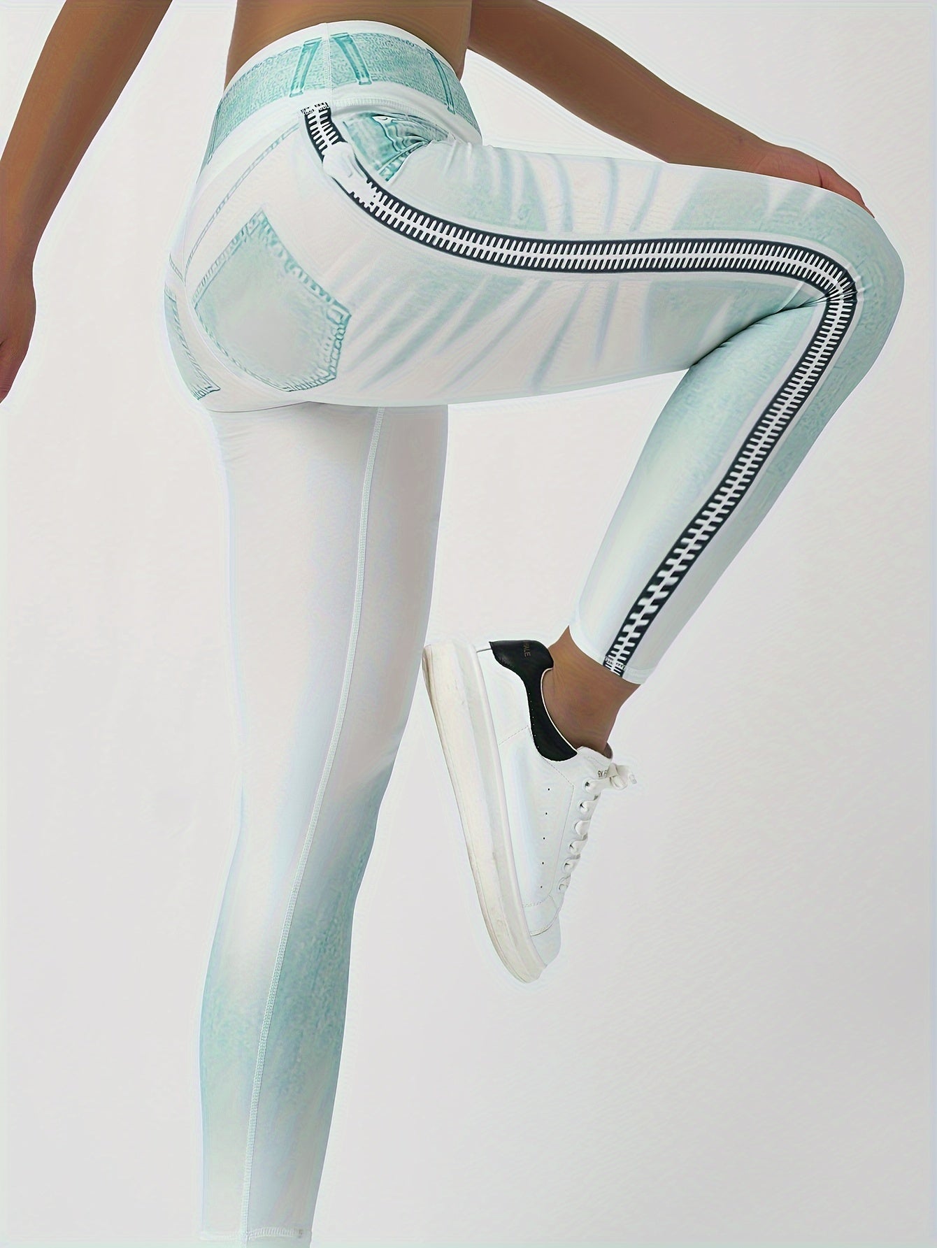 Women'S High-Waisted Denim Print Yoga Pants, 90% Polyester 10% Elastane, Skinny Fit, Long Length, All-Season Sports Leggings with Elastic Waist, Knit Fabric, 220g/m², for Running & Fitness