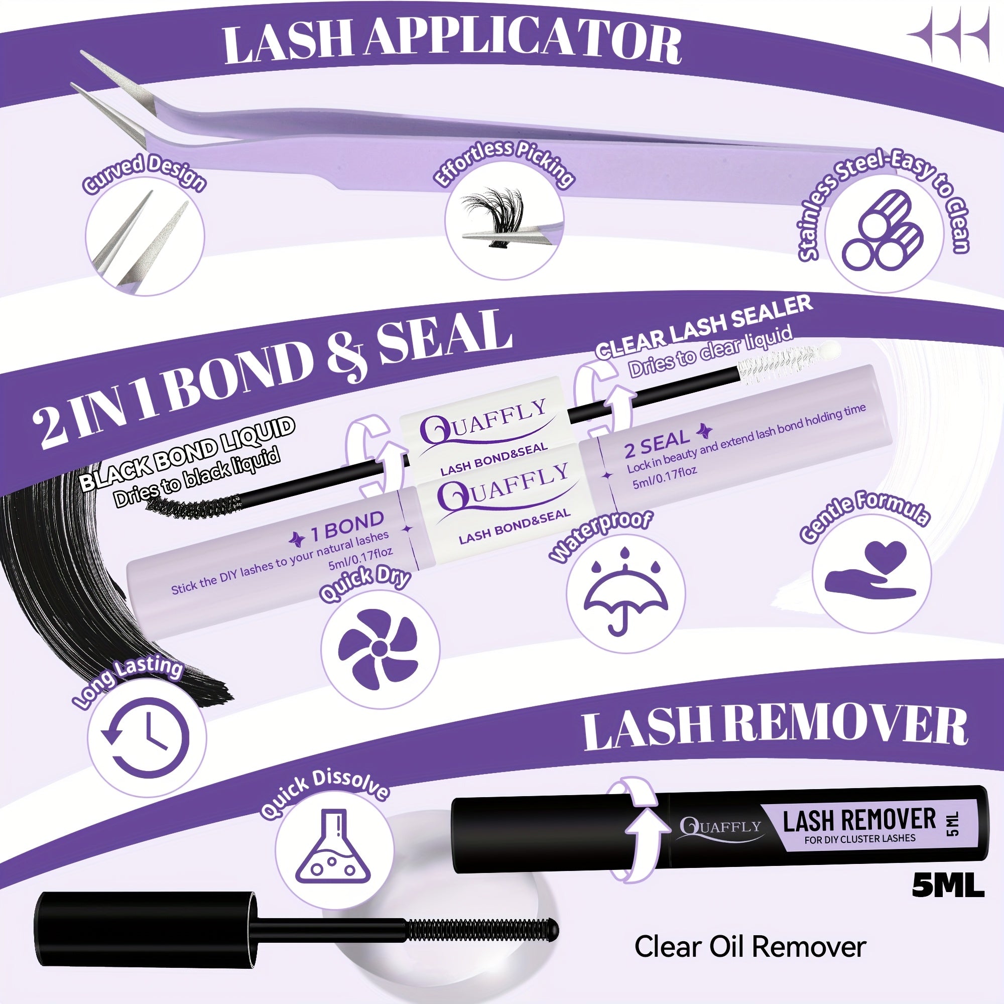QUAFFLY Eyelashes 666pcs D-Curl Fluffy Eyelash Extension Set 60D+80D+100D Cluster Eyelash Extension Set 10-18mm Individual Cluster Eyelash Extension Set With Eyelash Bond And Seal, Eyelash Remover, Tweezers