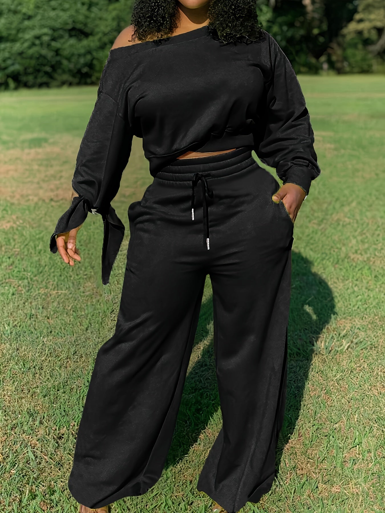 1set Women'S Solid Color Asymmetrical Sleeve Sweatshirt and Pants Set, Casual Crew Neck Polyester Knit Fabric, All-Season Lounge Wear